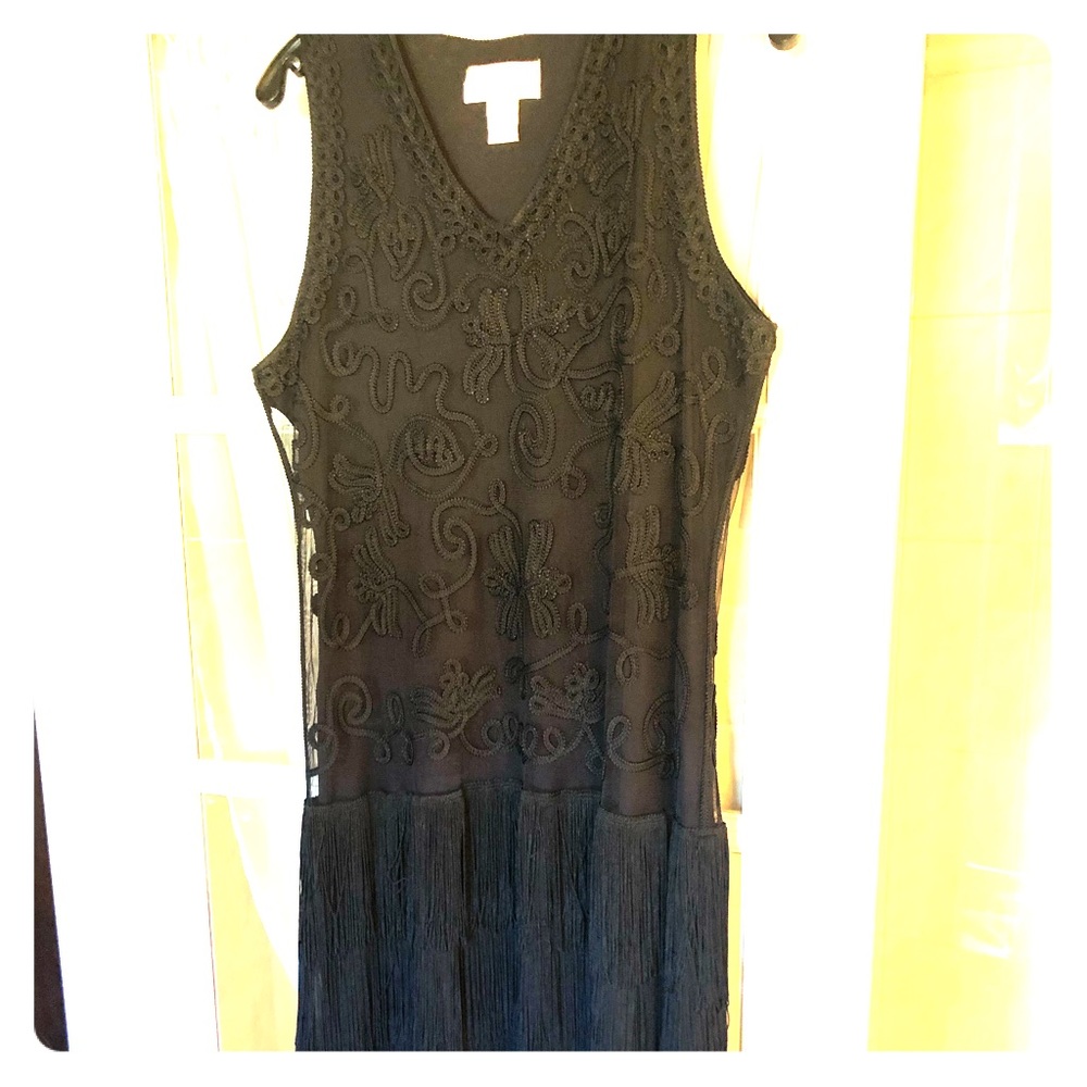 Black lace and fringe midi dress.
